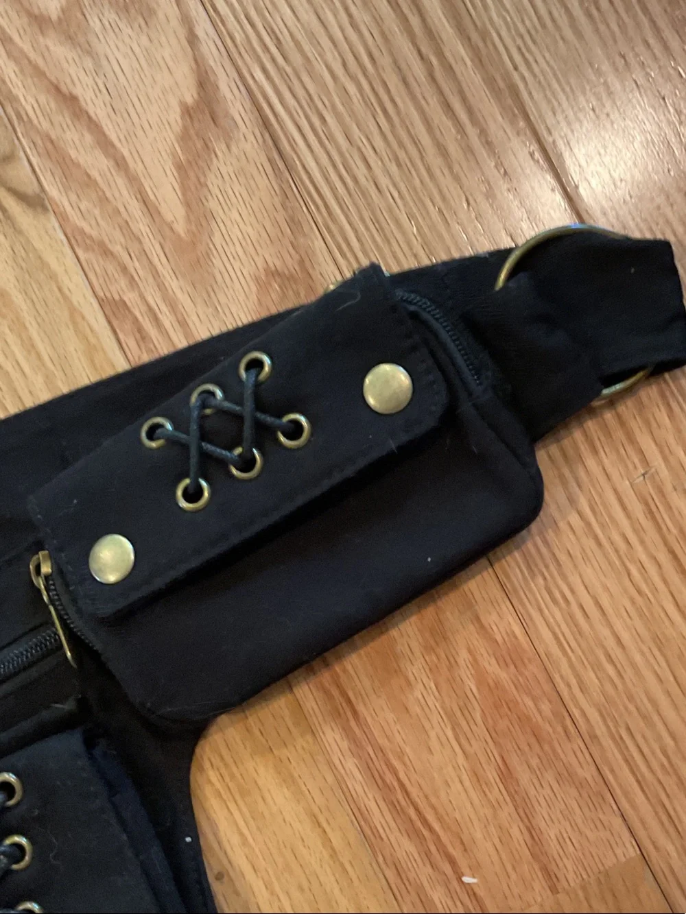 Renaissance Black Utility Hip Bag Studs Lace-Up Detail canvas - Picture 5 of 9
